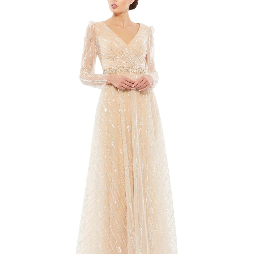 MAC DUGGAL Beige Long Sleeve Gown with Silver Sequin